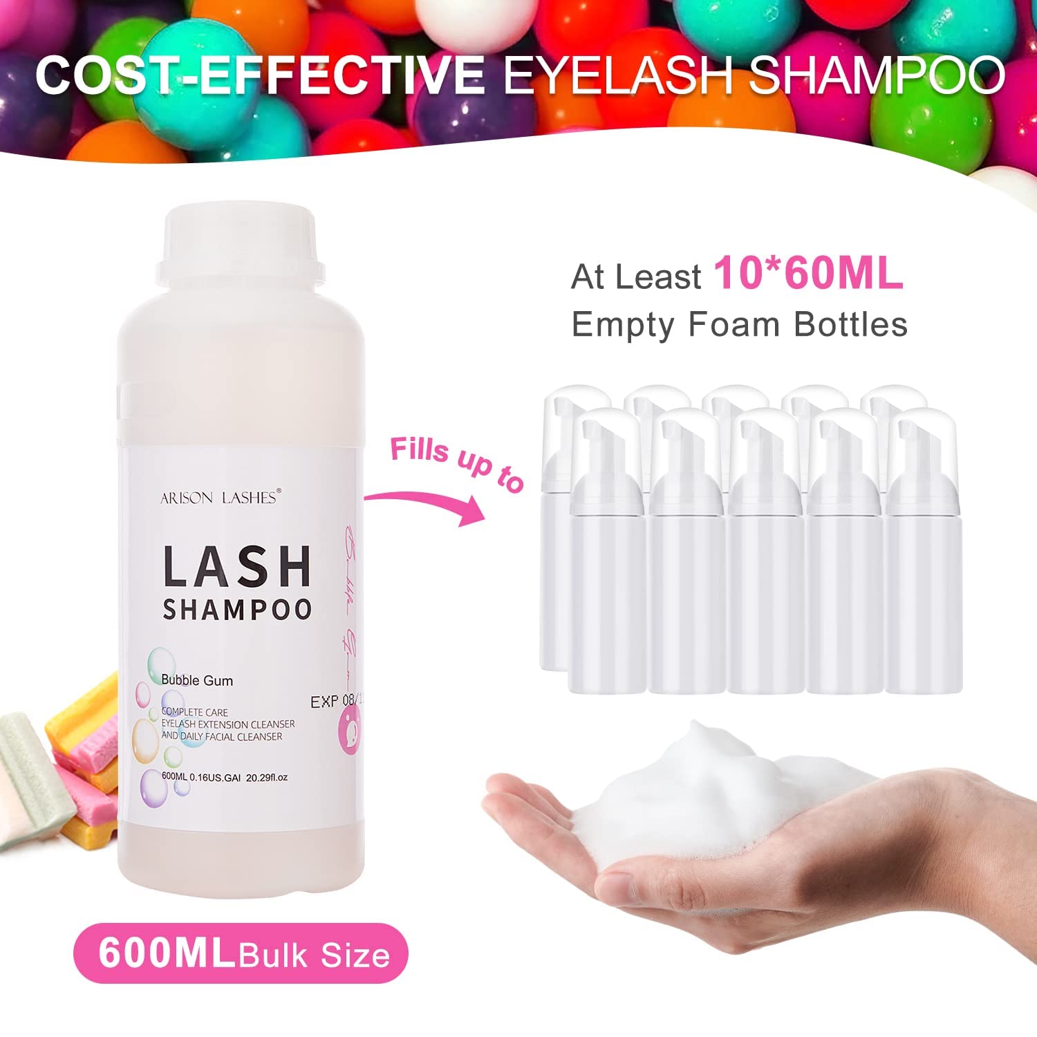 Shampoing Cils Mousse 600ml Mousse pour paupières/nettoyant pour la Maison et le Salon, Lash Shampoo Eyelash Extension Cleanser(Bubble Gum)