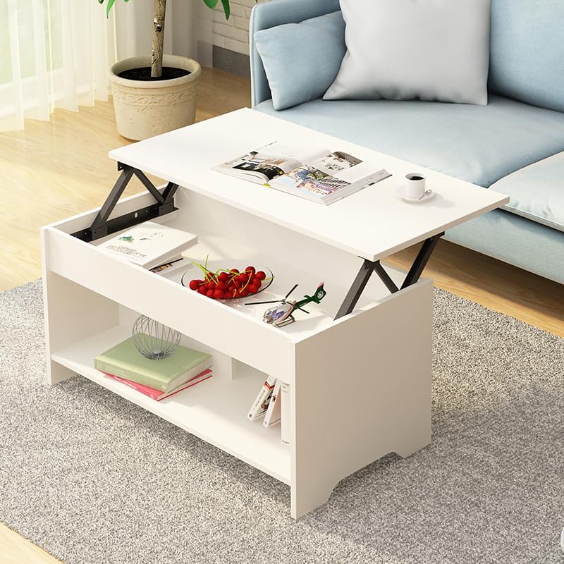 ElevaHome Lift Top Coffee Table Modern with Hidden Compartment and Large storage, White