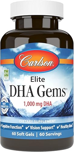 Carlson - Gemas Elite DHA, 1000 mg de DHA, capturadas en la naturaleza, de origen sostenible, función cerebral y visión saludable, 60 cápsulas