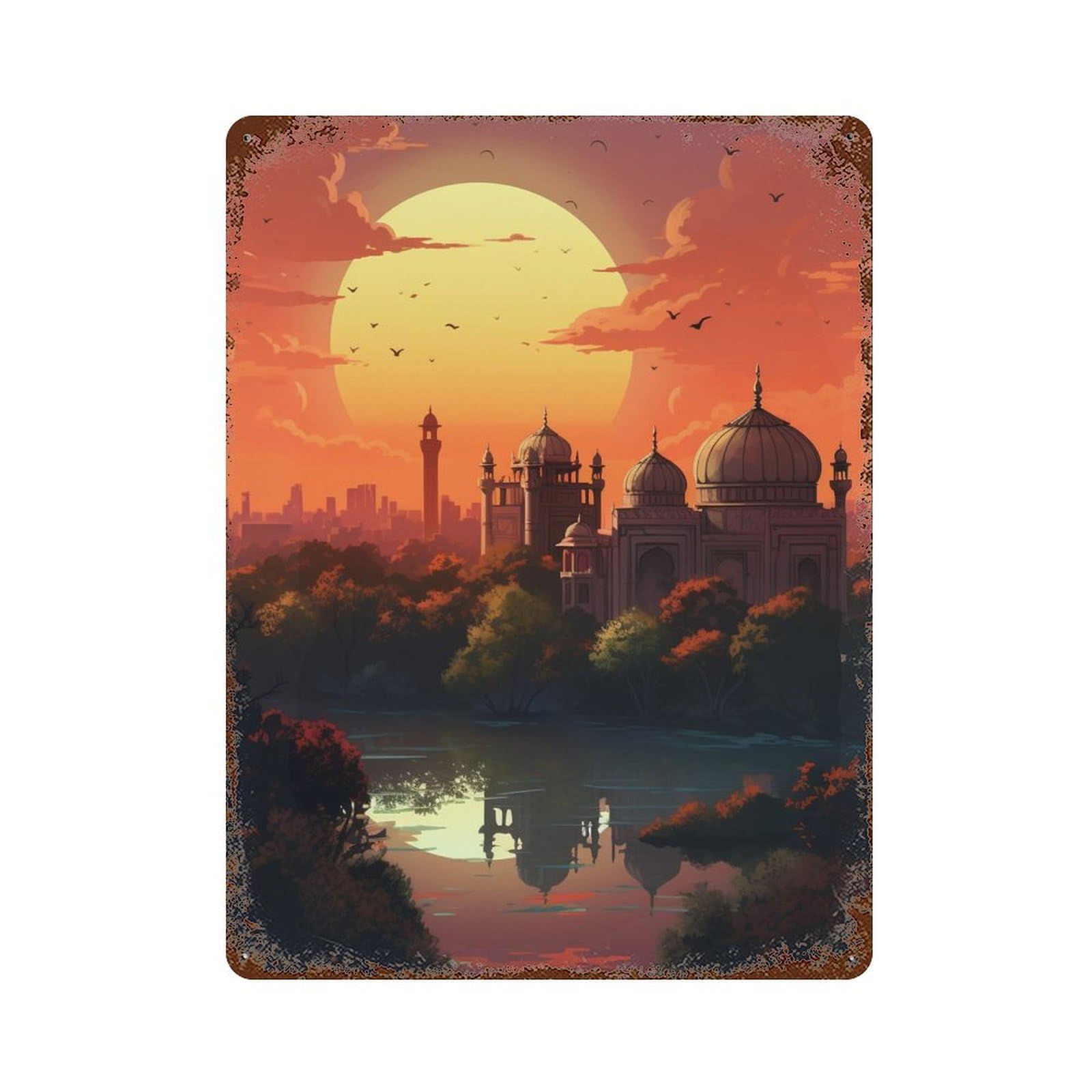 Garage Style Golden Sunset Palace Reflections Rustic Tin Plaque 15.7"x11.8", Farmhouse Wall Decor for Bar And Workshop