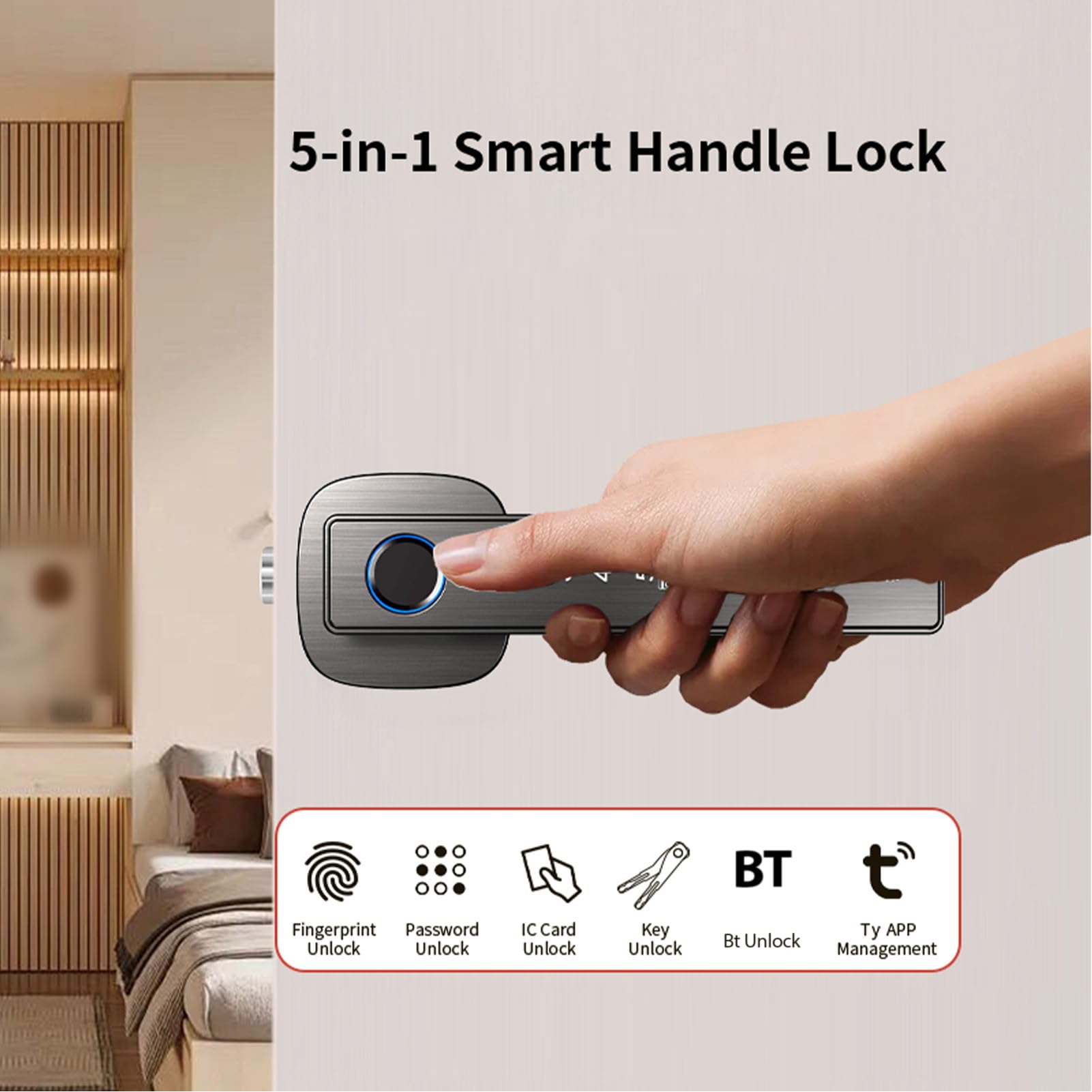 Maniglia per Porta Intelligente Blocco Impronta Digitale Tastiera per Accesso Senza Chiave Blocco di Sicurezza Biometrico 6 Metodi di Sblocco Installazione Semplice per Hotel con (Nera)