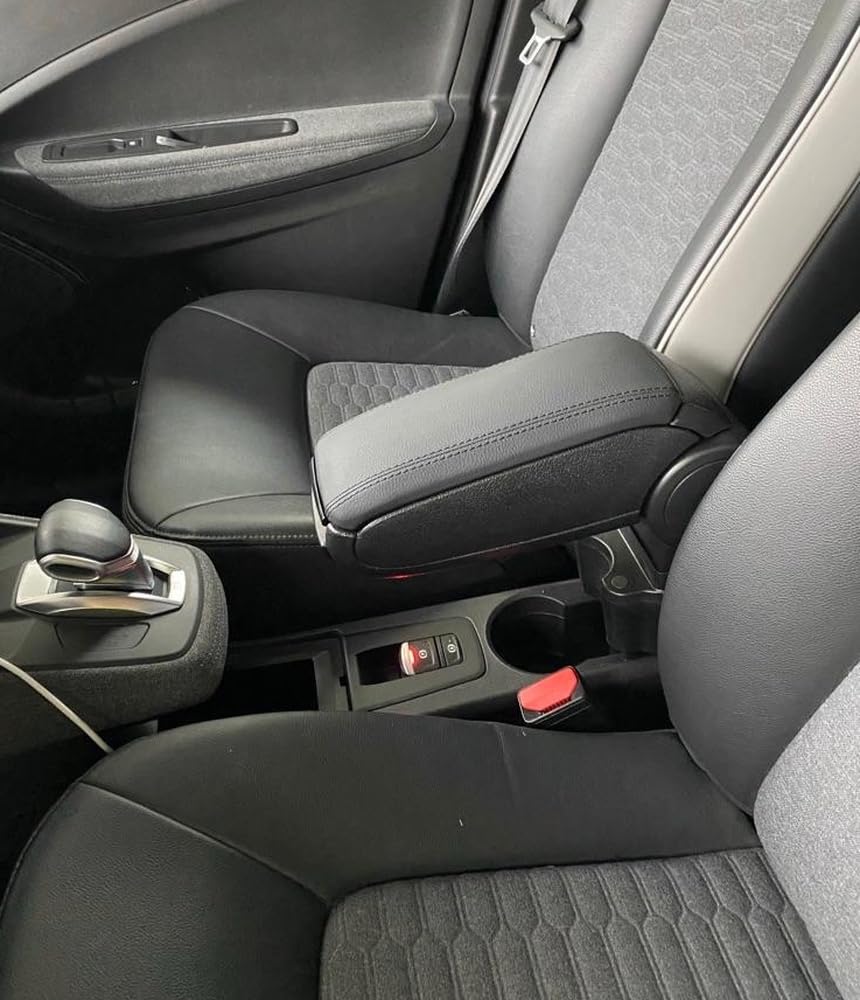 Mittelarmlehne für Zoe Phase 2 | Zubehör für Aufbewahrungskonsole und Armstütze mit Organizerfach | Ersatzteil für den Innenraum des Autos | Kunstleder schwarz – weiße Naht