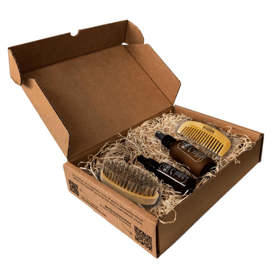 DR. JACKSON Kit Cuidado Barba Hombre con Balsamo Barba, Aceite para Barba Hombre y Cepillo Barba Hombre - Pack Regalo Hombre Cumpleaños - Kit Barba Hombre Aceite Barba Hombre Crece Barba
