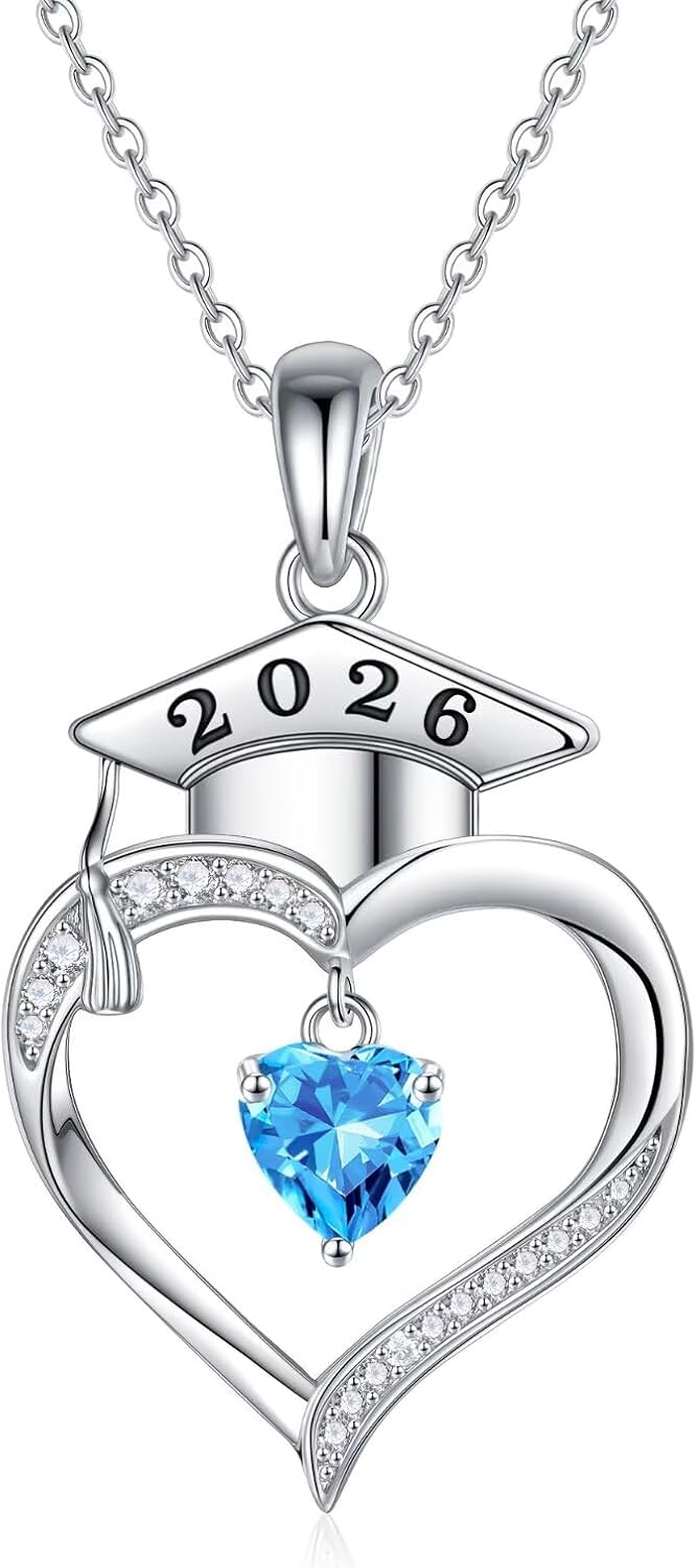 Iefil 2026 Graduation Gifts - 925 Sterling Silver Heart Birthstone Necklace, 2026 Graduation Gifts for Women Her
