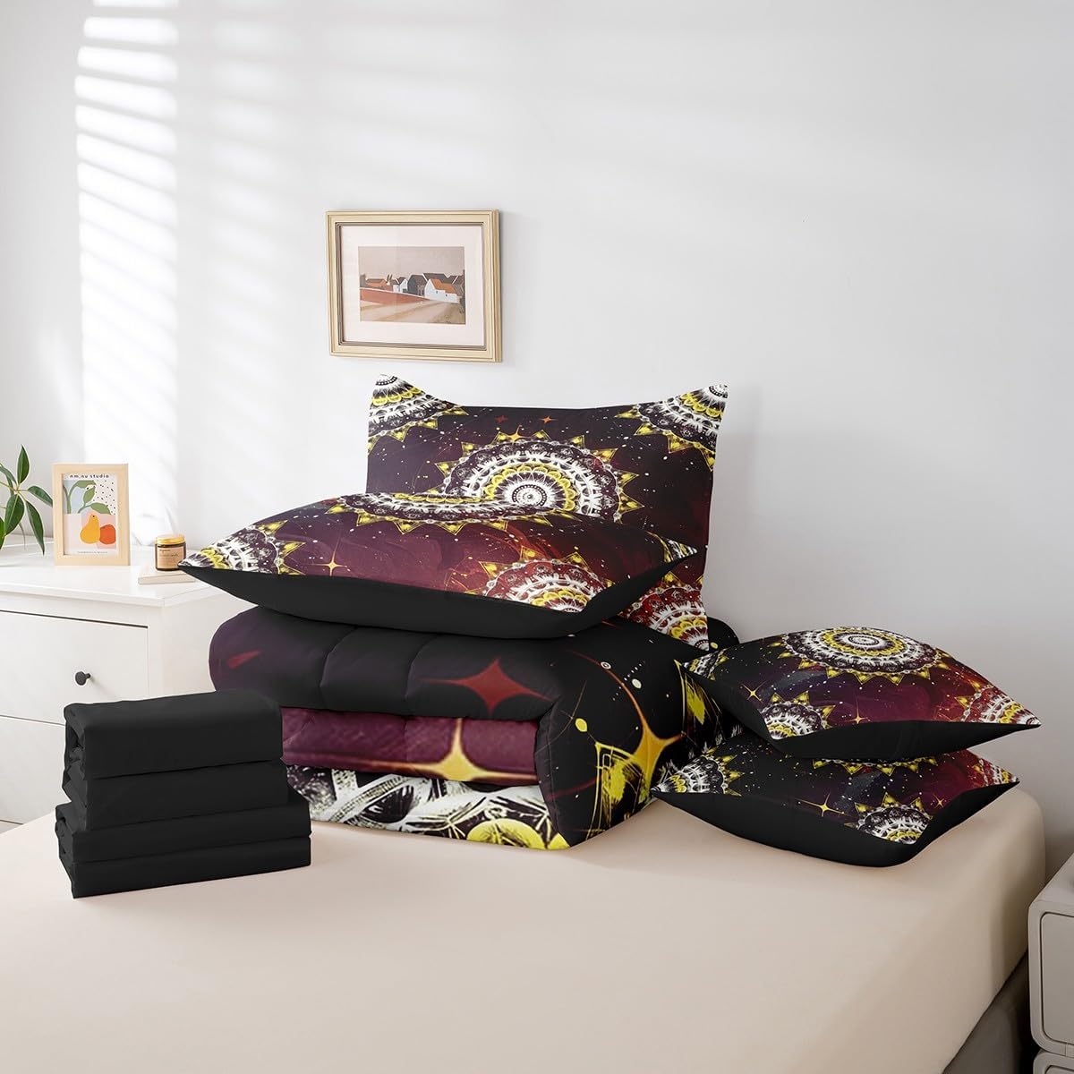 Erosebridal Mandala 7 Piece Comforter Set Full,Modern Ombre Red Black Mandala Floral Bed in a Bag with Flat Sheet and Fitted Sheet,Boho Flowers Starry Sky Gradient Bedding Set with Pillowcase & Sham