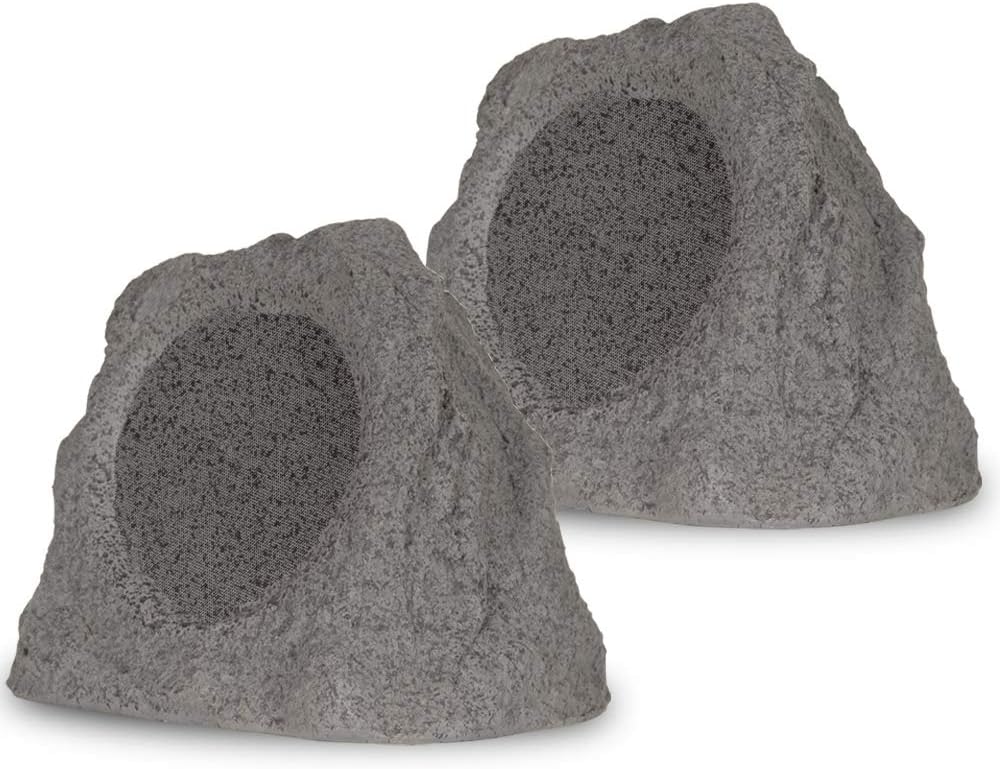 Theater Solutions RK8GBT Powered Bluetooth Outdoor Granite Grey 8" Rock Speaker Pair with Dual Connection Options, Gray