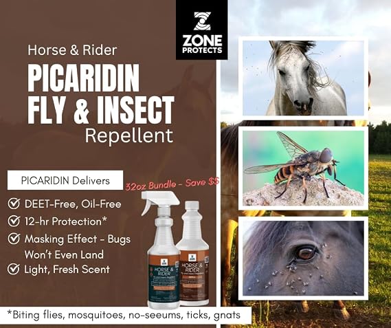 Horse & Rider Fly/Insect Repellent; 32oz Trigger Sprayer Plus Refill; Picaridin Based Fly, Tick, No-seeum and Mosquito. 12-hr Protection Against Biting Flies