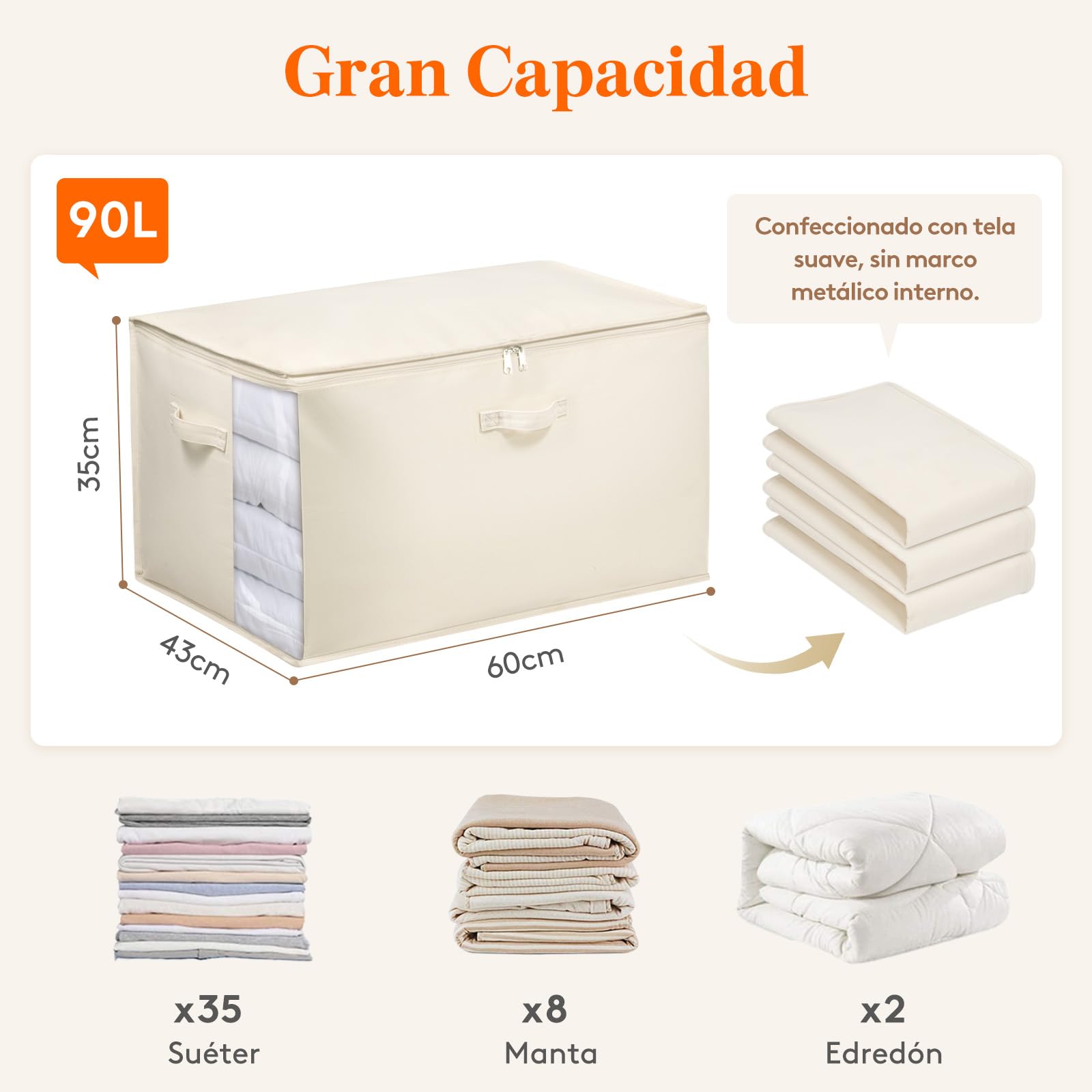 Lifewit Juego de 4 Cajas Almacenaje Ropa 90L, Bolsas Plegables para Guardar Ropa con Ventana Transparente, Bolsas Almacenaje para Armario, Edredón, Mantas y Mudanza, Beige