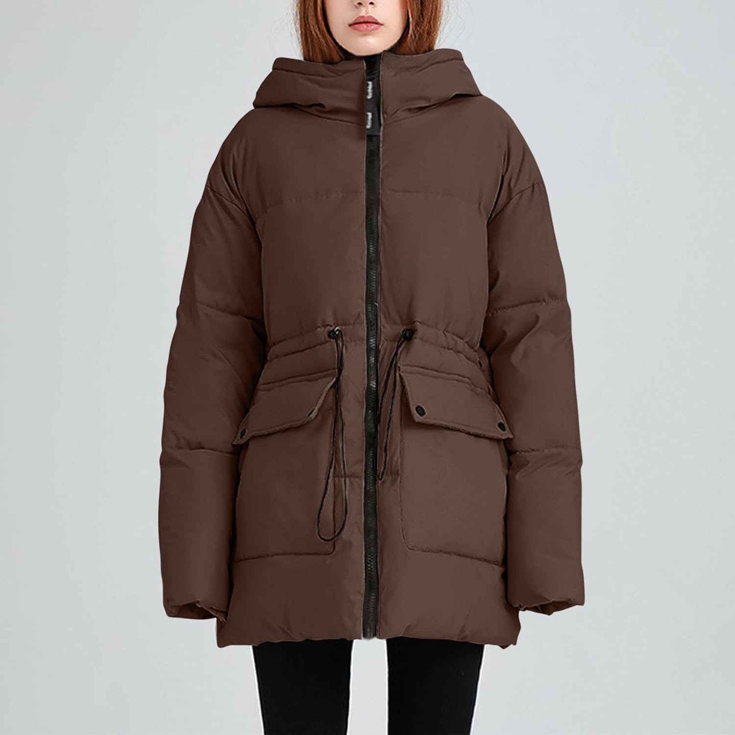 Women Hooded Puffer Parka Drawstring Waist Warm Winter Jacket Zip Up Quilted Coat with Flap Pockets 2025 Down Jacket