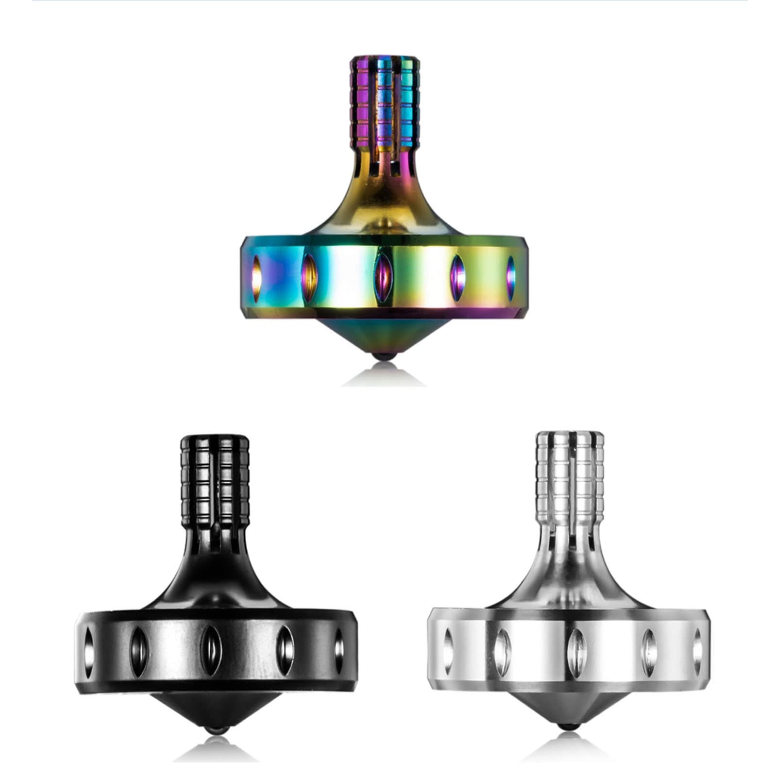 LOQATIDIS Peonza giratoria de Metal Trompos de precisión, Perfectamente equilibrada, Rotación Suave, Tiempo de rotación prolongado, Más de 10 Minutos fácilmente (3PCS Negro+Plata+Iridiscente/S)