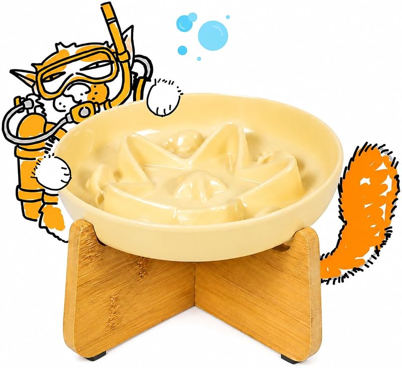 Comedouro lento elevado para gatos Tafelf em melamina com suporte removível, Light Yellow
