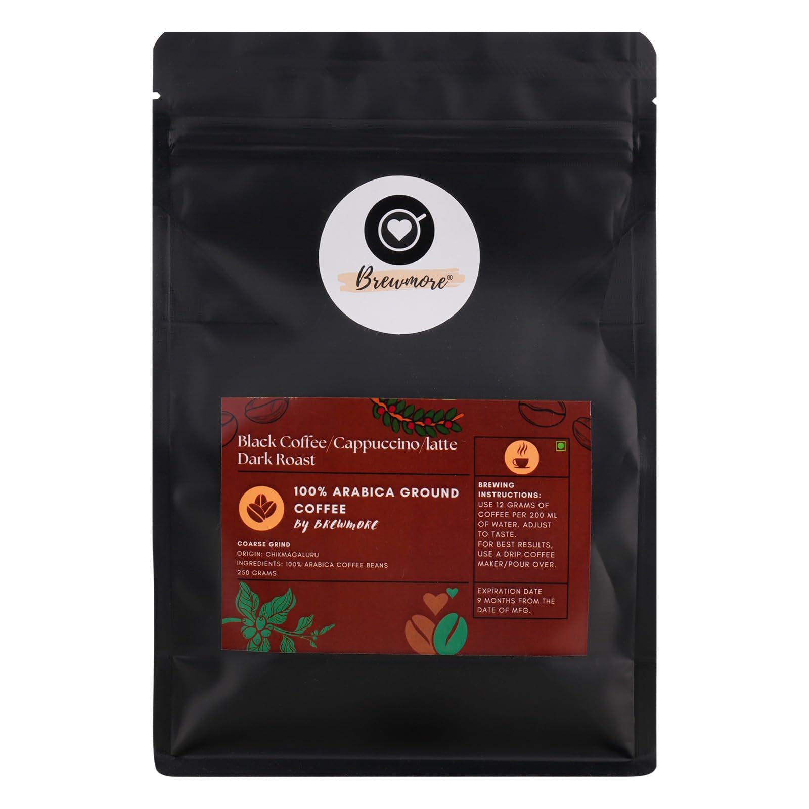 BrewMore Premium Arabica Coarse Dark Roast Coffee Powder - 250gm Pouch | Fresh Single Origin Coffee Made With Specialty Grade Arabica & Robusta Freshly Roasted Ground Coffee | Strong Coffee- Pack of 1