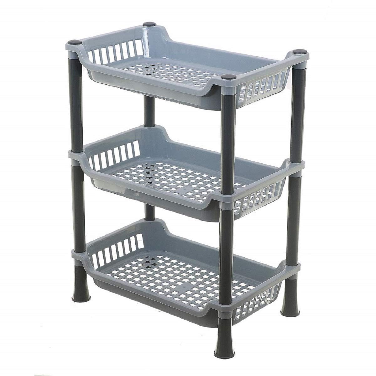 Kuber Industries Plastic 3-Layer Kitchen Rack for Storage|Multifunctional Bathroom Rack|Corner Rack for Fruits, Vegetable, Assesories|Easy Assemble (Grey)