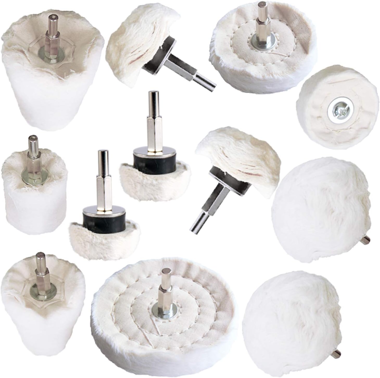 Polishing Pad Buffing Wheel Kit White Flannelette 12 Pack, Buffing Wheel for Drill for Metal Aluminum Stainless Steel Chrome Wood Plastic Ceramic Glass Woods Fabric Cotton Machine Jewelry etc