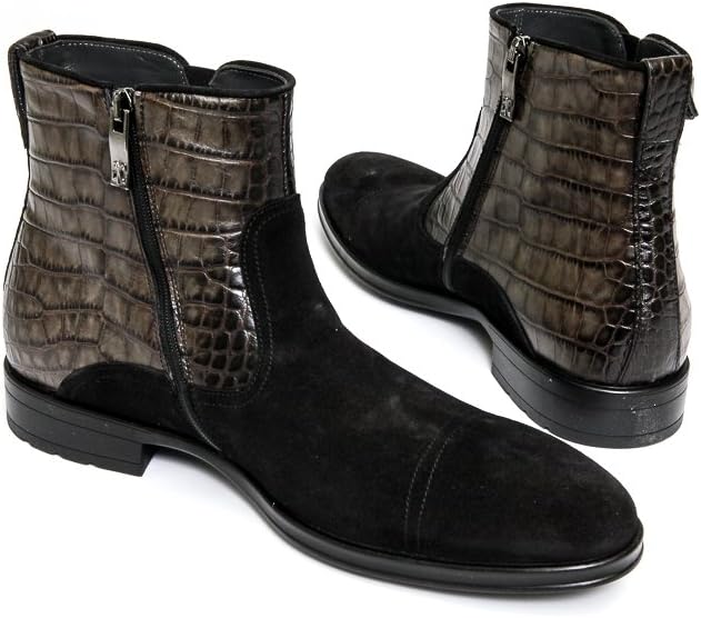 Giovanni Conti 3338-01 Mens Black suede & Khali crocodile print leather zip up boots.