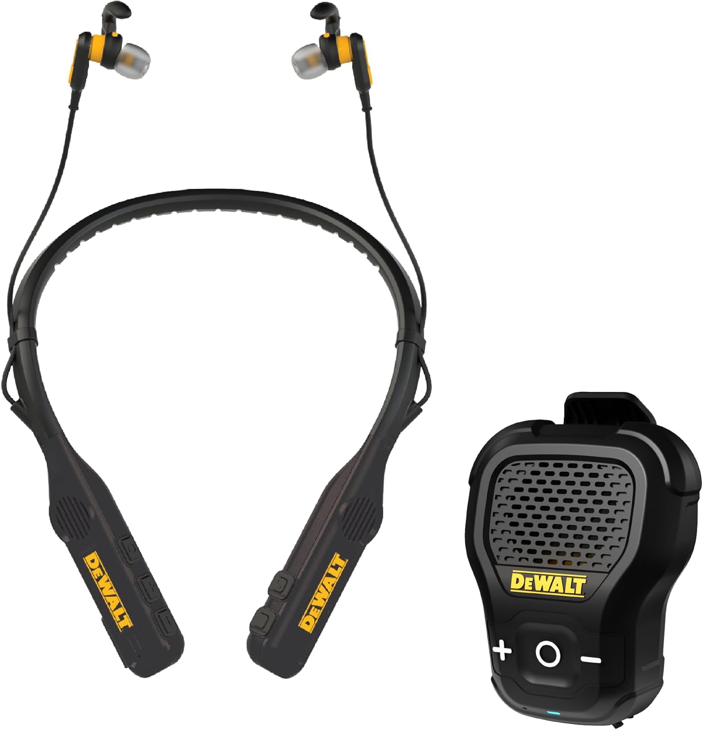 DEWALT Limited Edition Jobsite Audio Bundle – 2-in-1 Neckband Headphones & Clip-On Wearable Bluetooth Speaker (Black - Limited Edition)