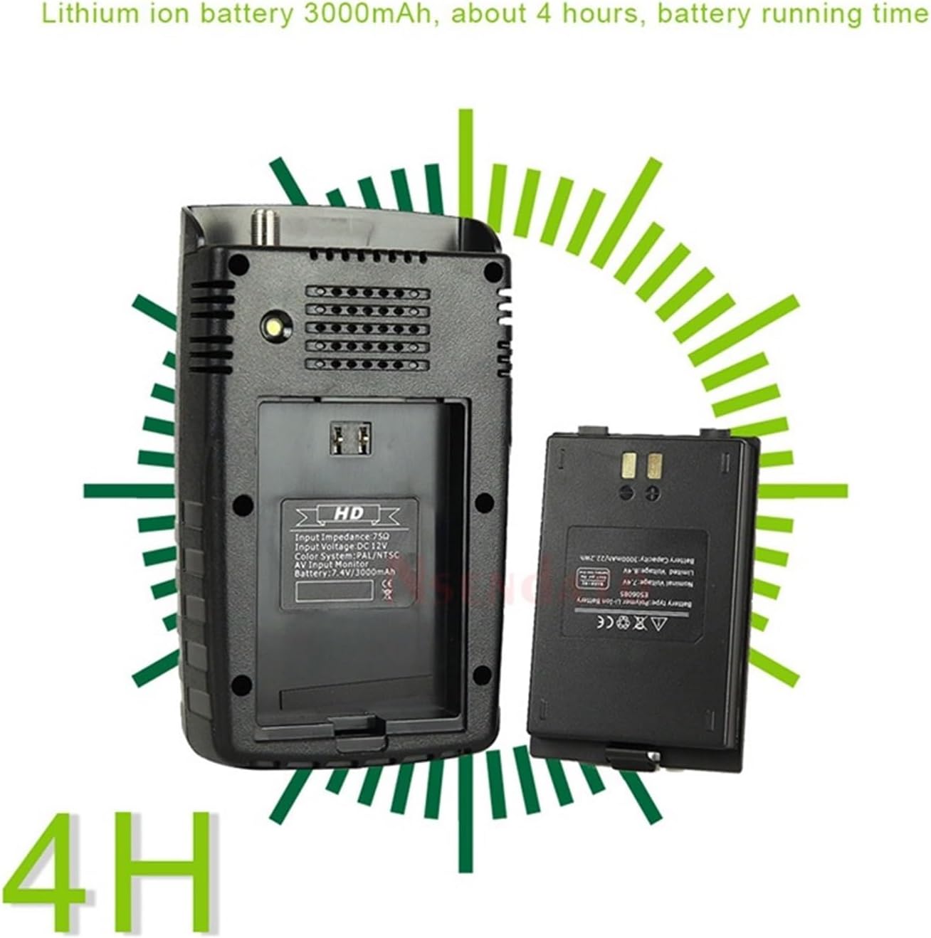 Image showing the battery compartment of the WS-6916 Satellite Signal Meter and the removable Lithium-ion battery.