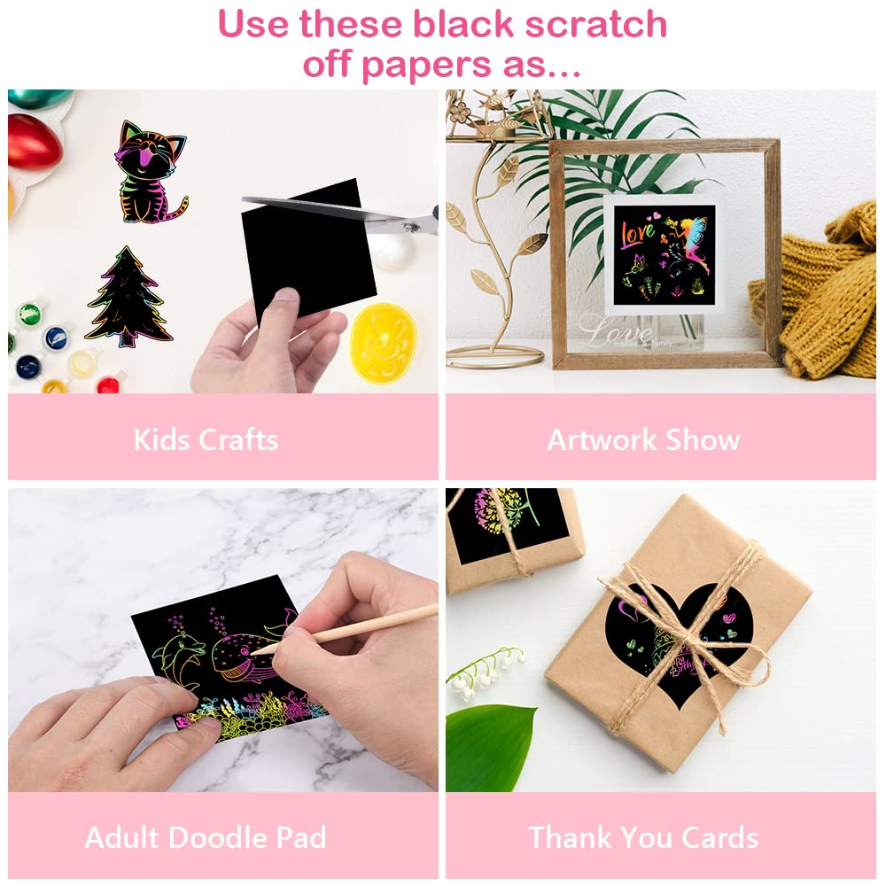 Vicloon Carte à Gratter Enfant 50pcs Feuilles à Gratter Papier avec Règles de Gabarit Dessin Stylets Bois 8.5x8.5cm