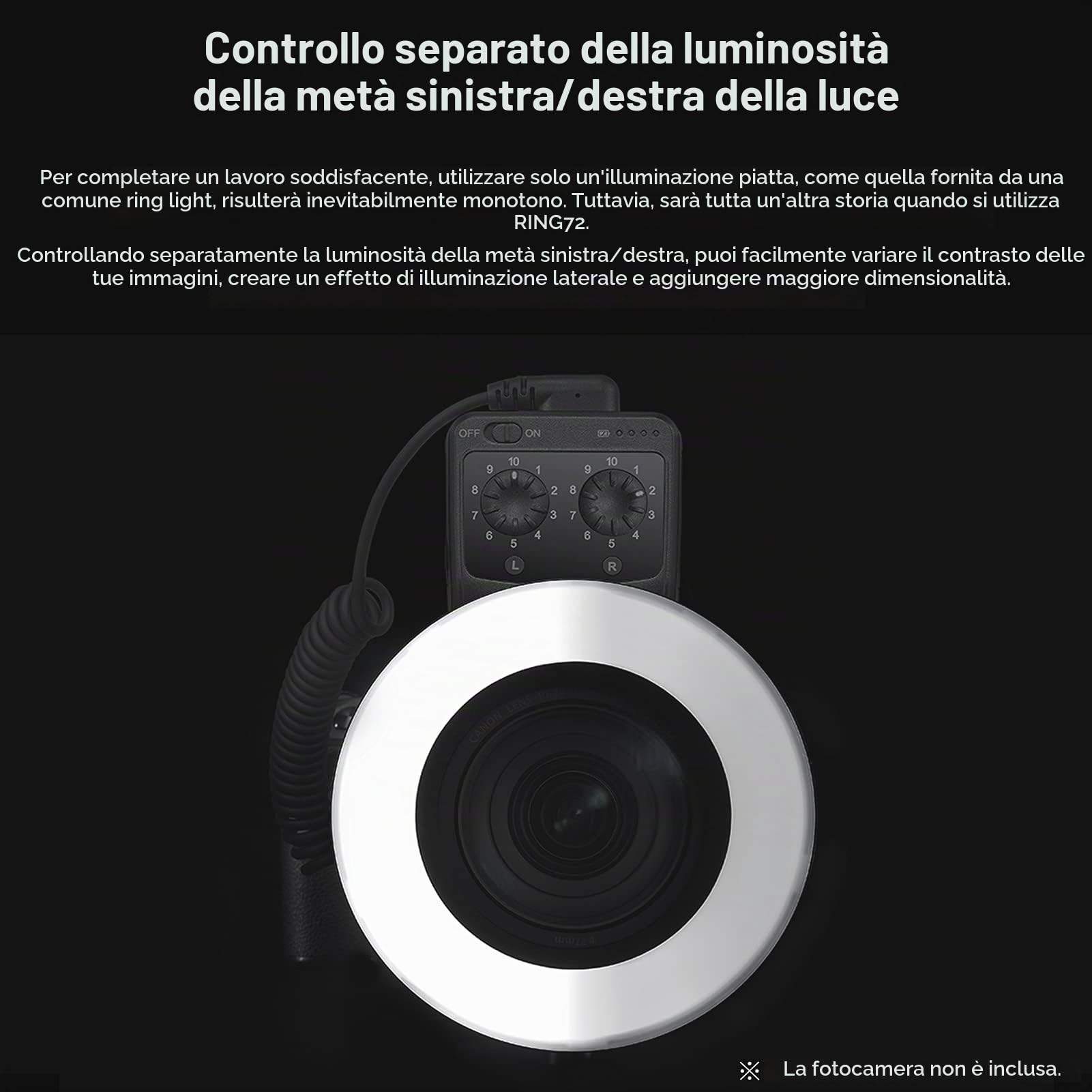 GODOX RING72 Macro LED Video Light Professional Photography Fill Light 72PCS LED Bead Temperatura colore 5600K 10 livelli di luminosità regolabile con anello adattatore 49mm-77mm