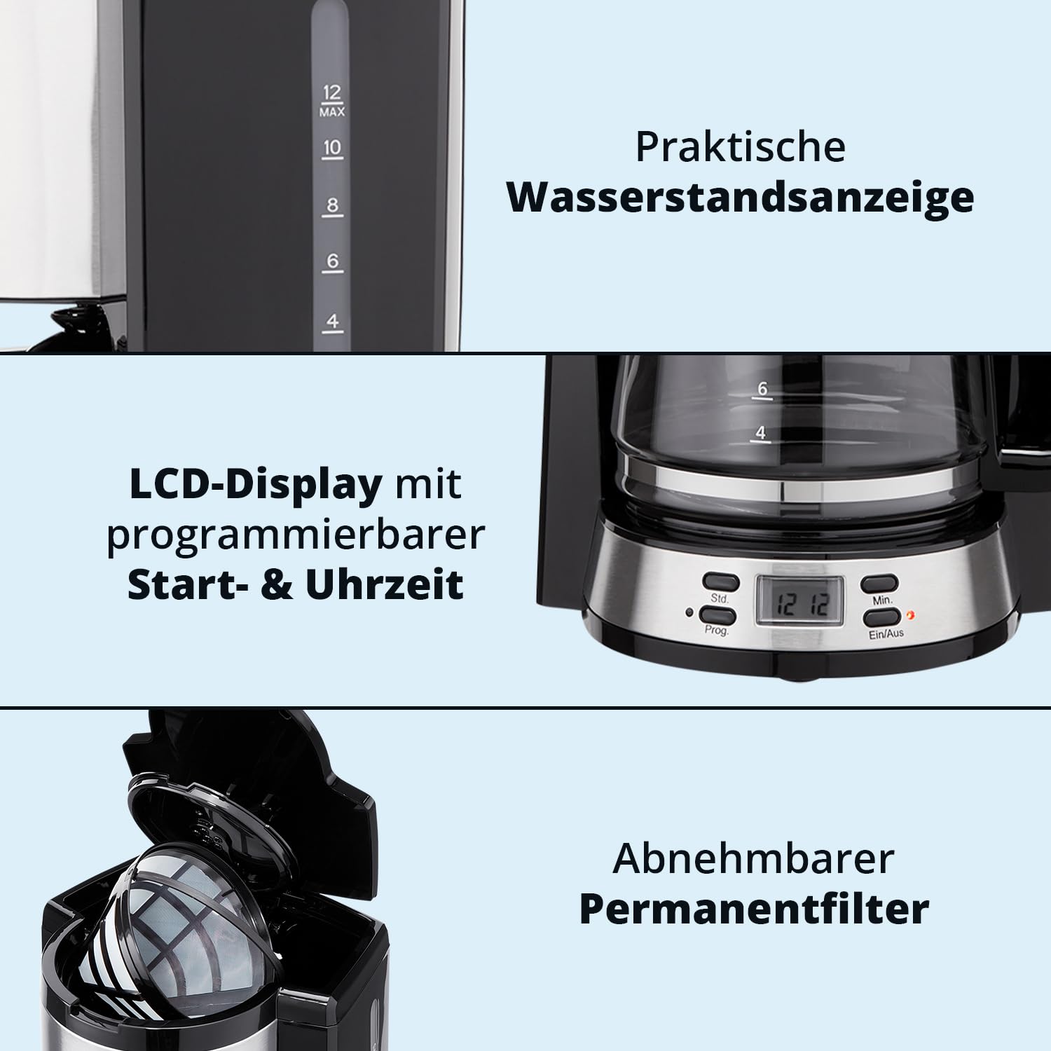 KHG Frühstücksset 3-teilig Wasserkocher Toaster Kaffeemaschine Edelstahl Silber 1 Liter 2 Scheiben 12 Tassen