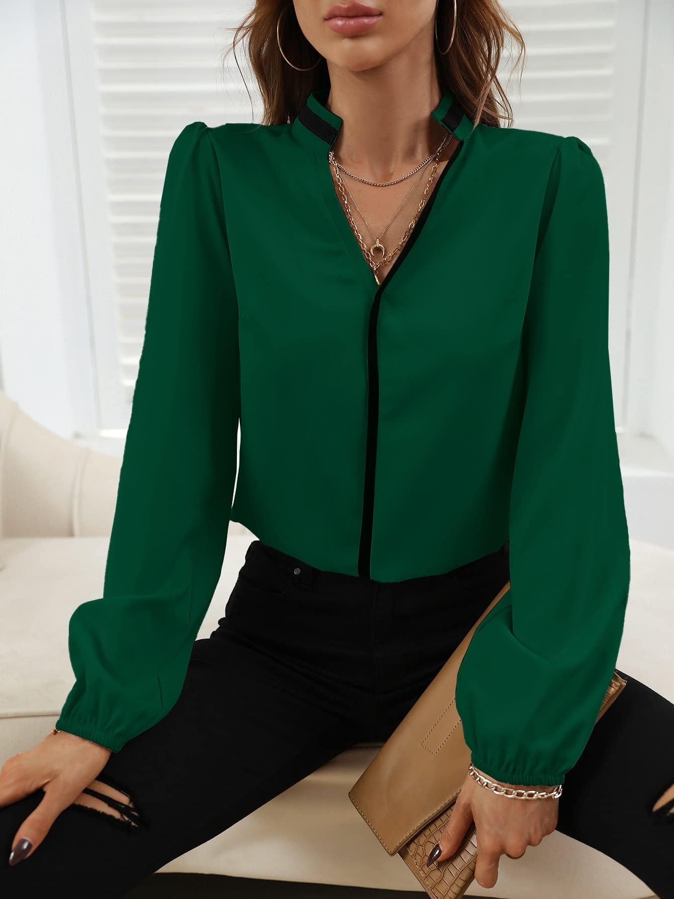 Amazon.com: Notched Neck Bishop Sleeve Blouse Women's Casual Shirt