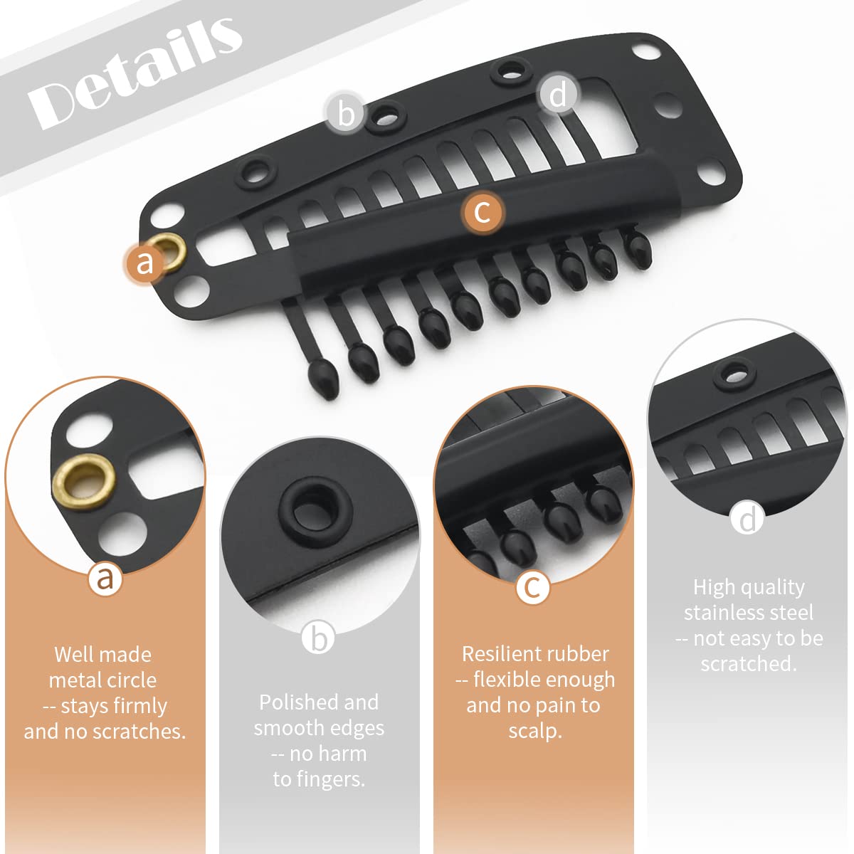Clips para peluca, clips de extensión de cabello, 10 dientes, negro, 30 piezas 3