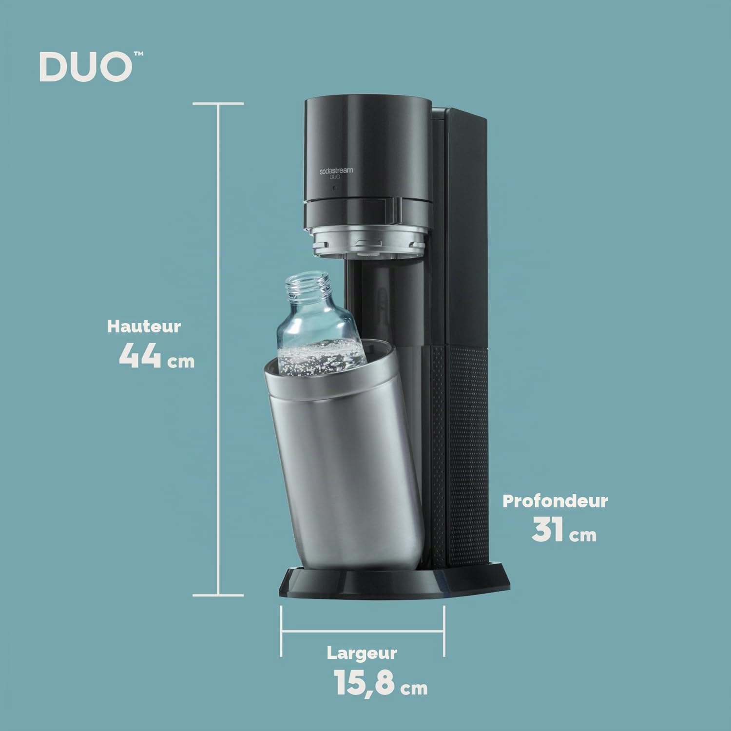 Sodastream Duo – Machine à eau pétillante, 1 bouteille 1L sans BPA et 1 bouteille en verre 1L incluses, noire