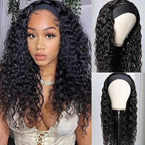 Water Wave Headband Wigs For Black Women Human Hair Brazilian Wet and Wavy Headband Human Virgin Hair Wigs Non Lace Front Glueless Machine Made Headband Wigs Natural Color 150% Density 20 Inch