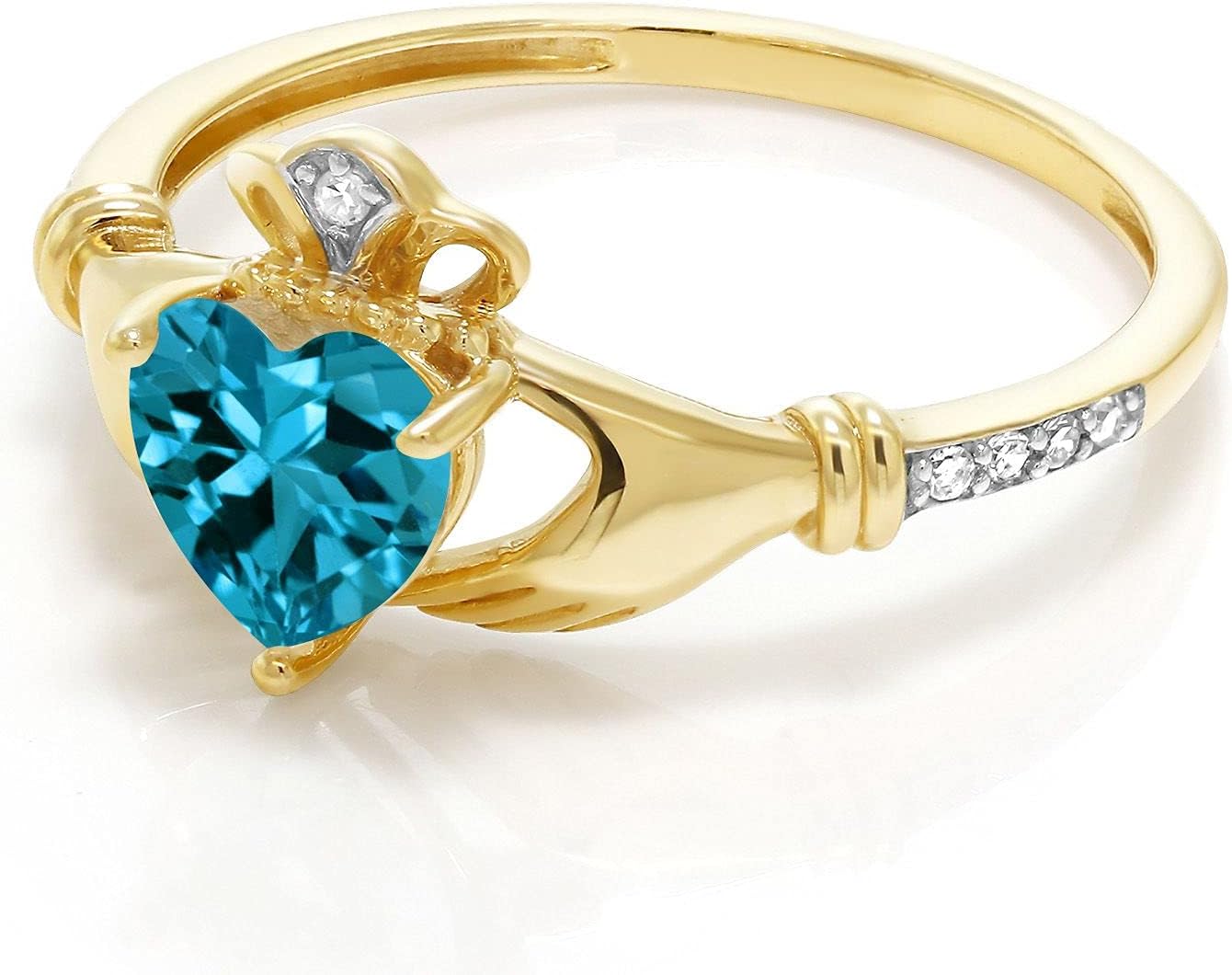 Gem Stone King 10K Yellow Gold 6MM Heart Shape Gemstone Birthstone and White Diamond Irish Celtic Claddagh Engagement Ring | Gold Ring For Women | Sizes 5 to 9