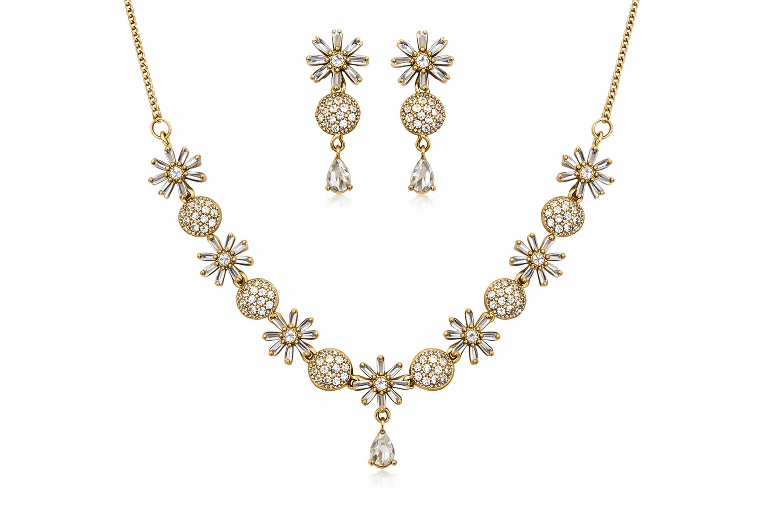 Gold Plated Floral Crystal Necklace and Earrings Set for Women | Elegant Artificial Jewellery Combo | Wedding Jewellery Set | Designer Flower Pattern Statement Necklace Set for Girls & Ladies