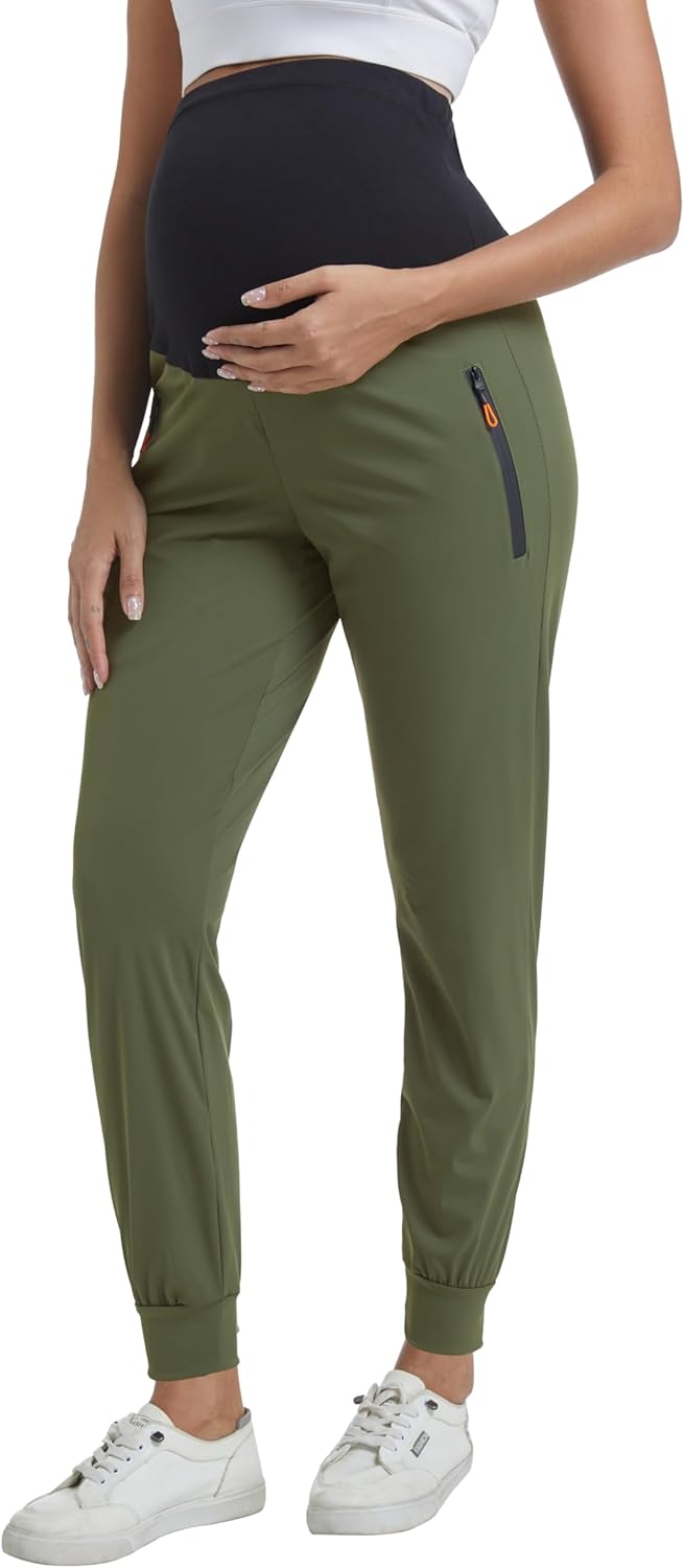 Women's Maternity Joggers Casual Scrub Pants Quick-Dry Pregnancy Sweatpants with Zipper Pockets
