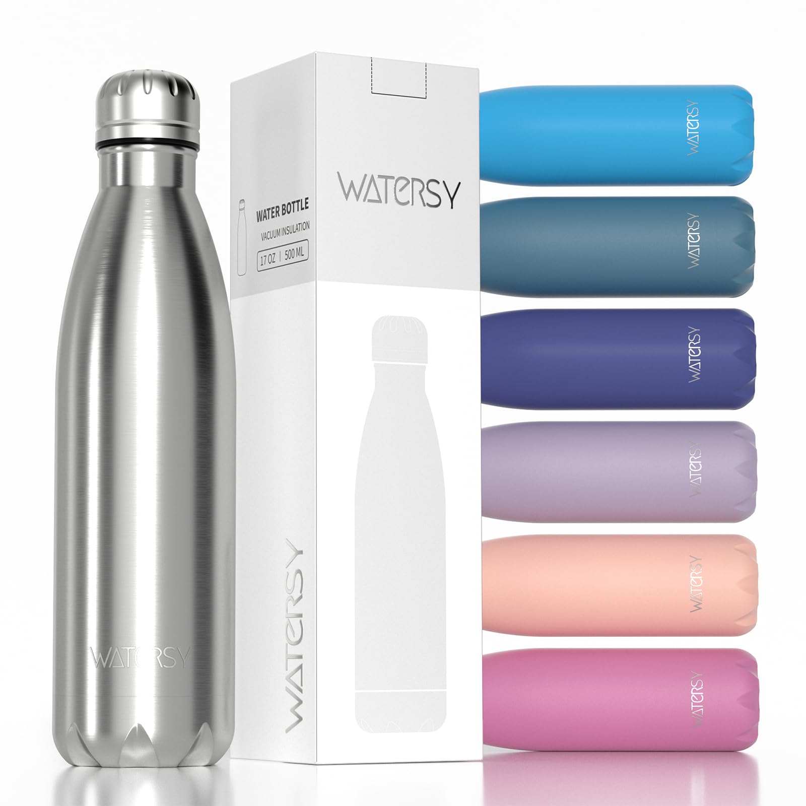 WATERSY Stainless Steel Water Bottles,17oz/500ml Insulated Water Bottles,Sliver Metal Water Bottle Keeps Drink Cold and Hot,BPA Free Kids Water Bottles for School,Gym,Travel,Sports
