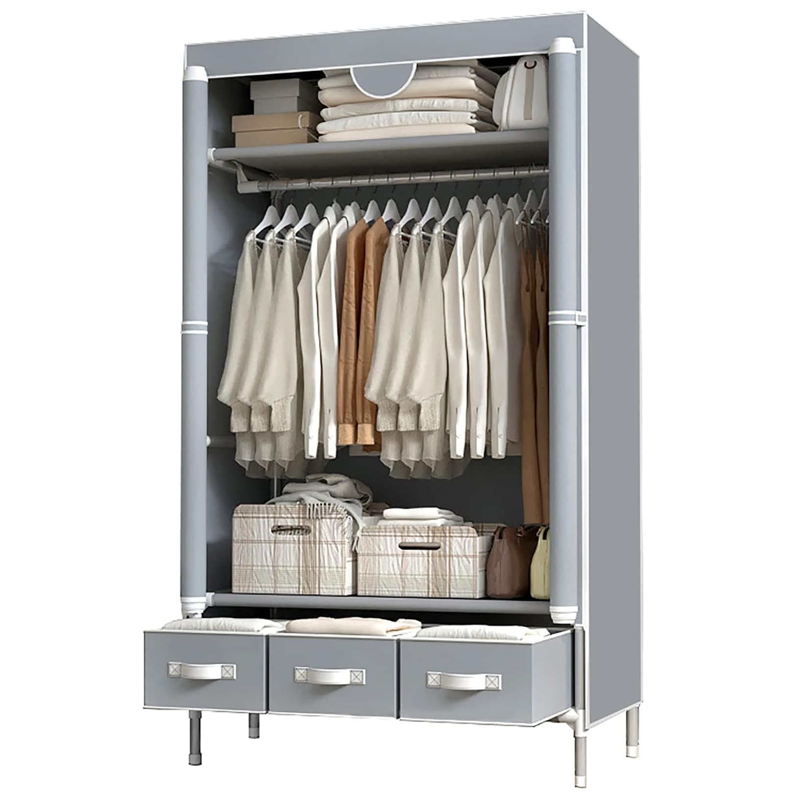 Portable Clothes Closet Rolling Door Wardrobe with Hanging Rack Non-Woven Fabric Storage Organizer with Three Drawer Boxes No-Tool Assembly - 35.4 x 17.7 x 67.0 ‘’,Gray
