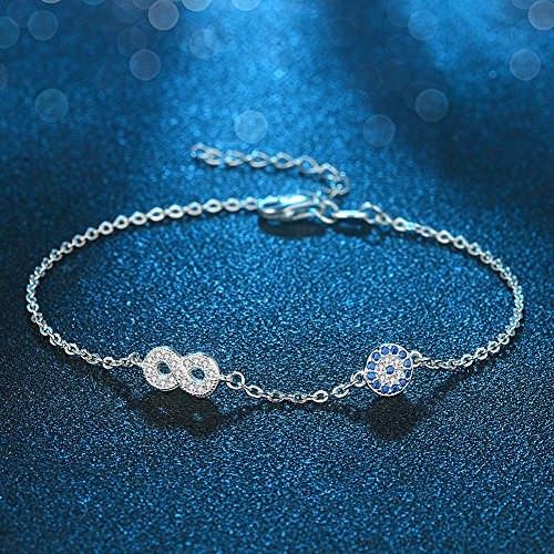 Image of Blue Evil Eye Infinity Link Bracelet in S925 Silver w /Cubic Zirconia & Adjustable 7 inch+1 inch Cable Chain