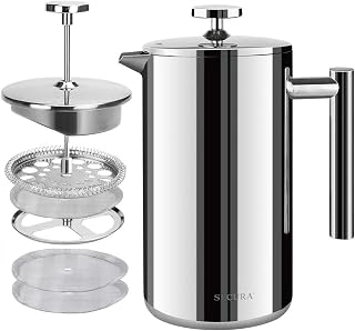 Secura 50oz Stainless Steel French Press Coffee Maker - Double Wall Insulated, 3-Layer Filter Screens, Cool Touch Handle, Silver