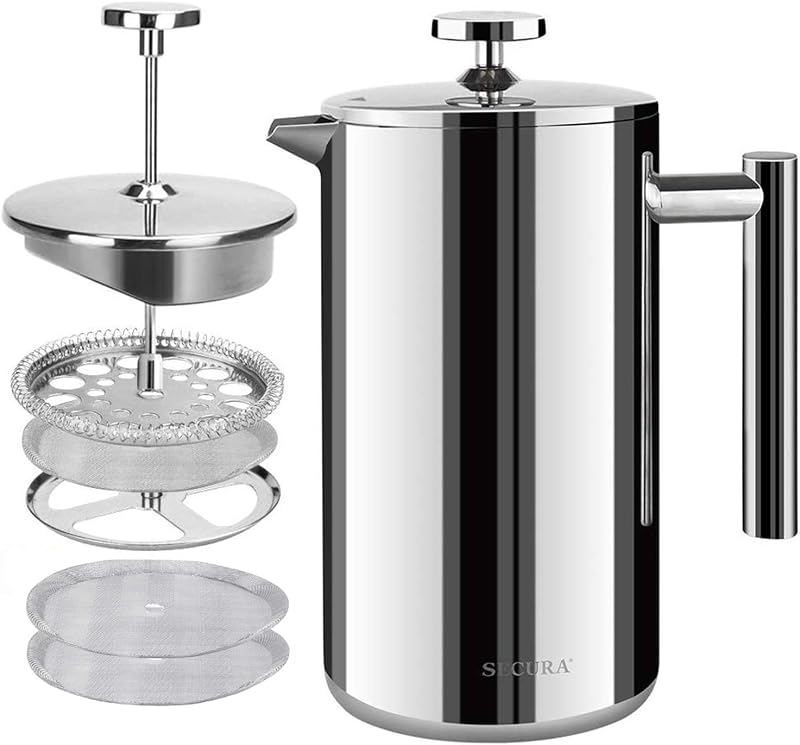 Cafetera de prensa francesa, prensa de café aislada de acero inoxidable de grado 304 con 2 pantallas adicionales, 50 oz (1,5 litros), plateada