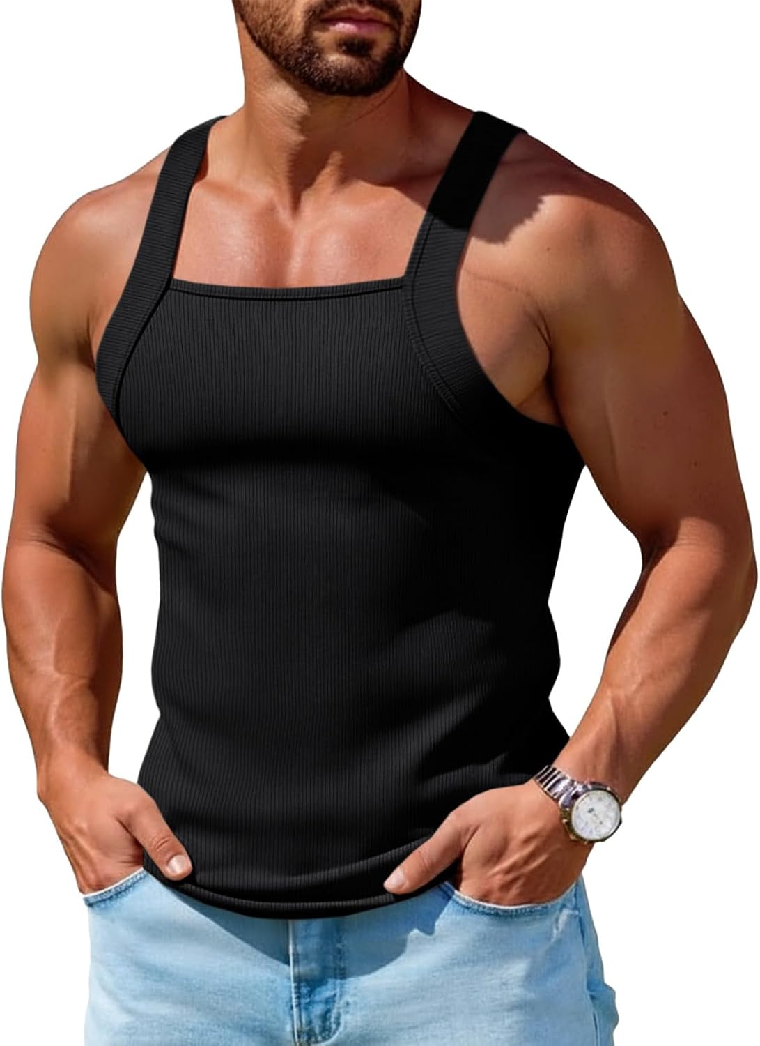 Runcati Mens Ribbed Knit Tank Tops Sleeveless Shirts Summer Gym Muscle Tees