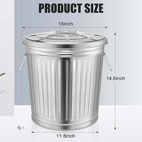 Miniatura 2 de Ziliny Bote de basura galvanizado para interiores y exteriores, a prueba de mascotas, cubo de basura de metal con tapa, contenedor redondo para el