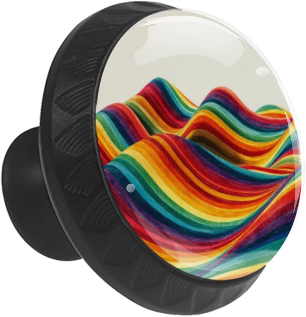 Black Base Colourful Rainbow Stripes Wave (1) Printed Drawer Knobs, Elegant Cabinet Pulls for Kitchen Bedroom, Furniture Hardware for Dresser Closet