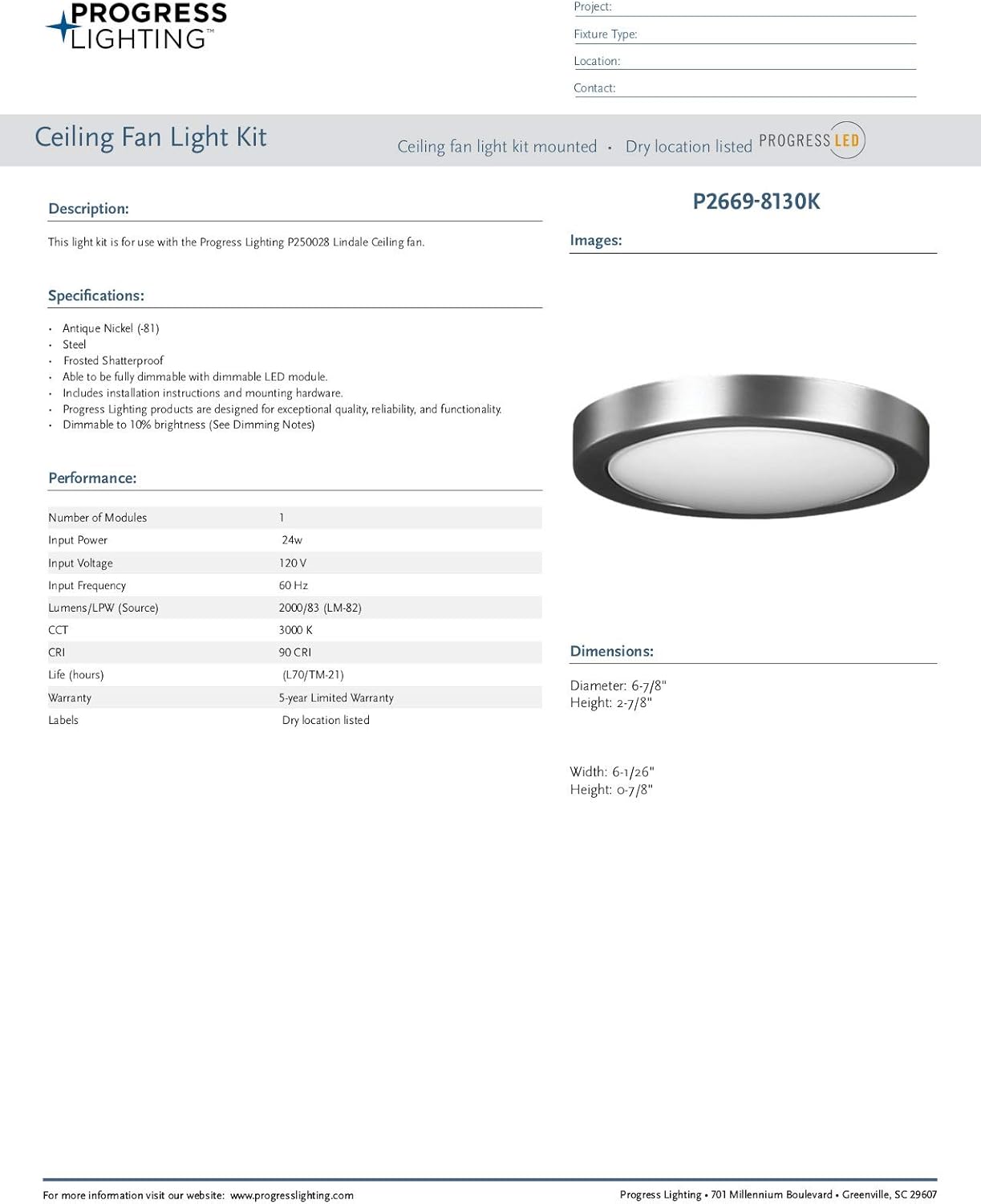 Progress Lighting LED Ceiling Fan Light Kit for Use with Lindale Collection Ceiing, Integrated LED Light, 3000K Warm White, Frosted Polycarbonate Shade, 6-15/16" Diameter, Antique Nickel