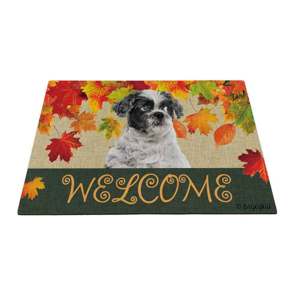 BAGEYOU Welcome Fall with My Favorite Dog Lovely Shih Tzu Outdoor Doormat Maple Leaf Harvest Season Rustic Decor Porch Rugs Floor Mat 35.4" x 23.6"