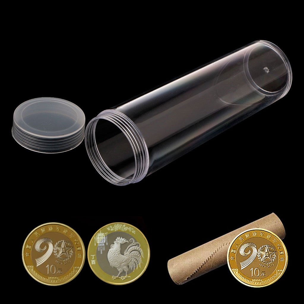 tubo de almacenamiento de plástico redondo con tapón de rosca para monedas moneda 27 mm soporte