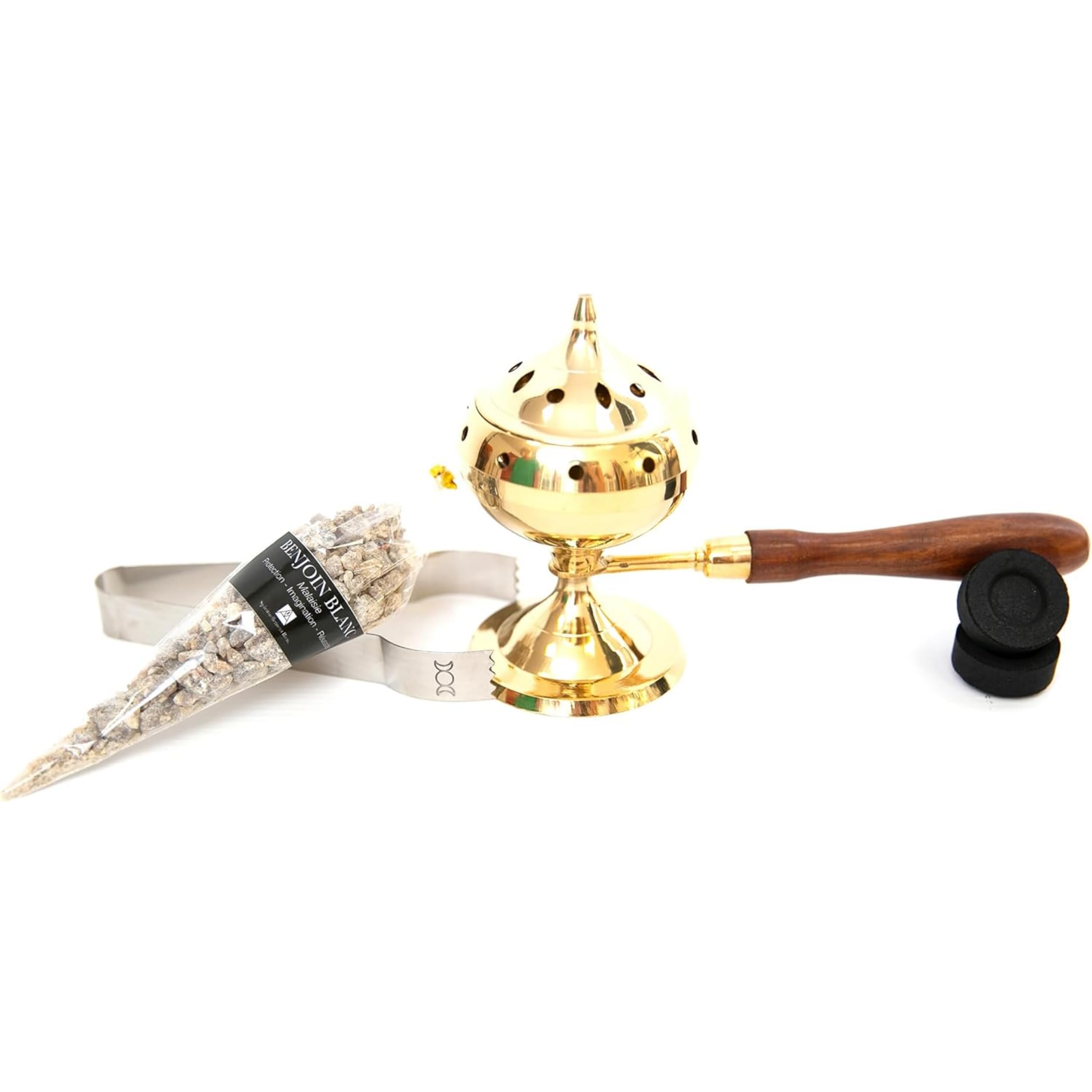 Räuchergefäß Bronze mit Holzgriff + 10 Kohlen + 1 Pinzette + 1 Set Weihrauch Benzoe, Weiß, Reinigung, Schutz Glück – Geschenk esoterique