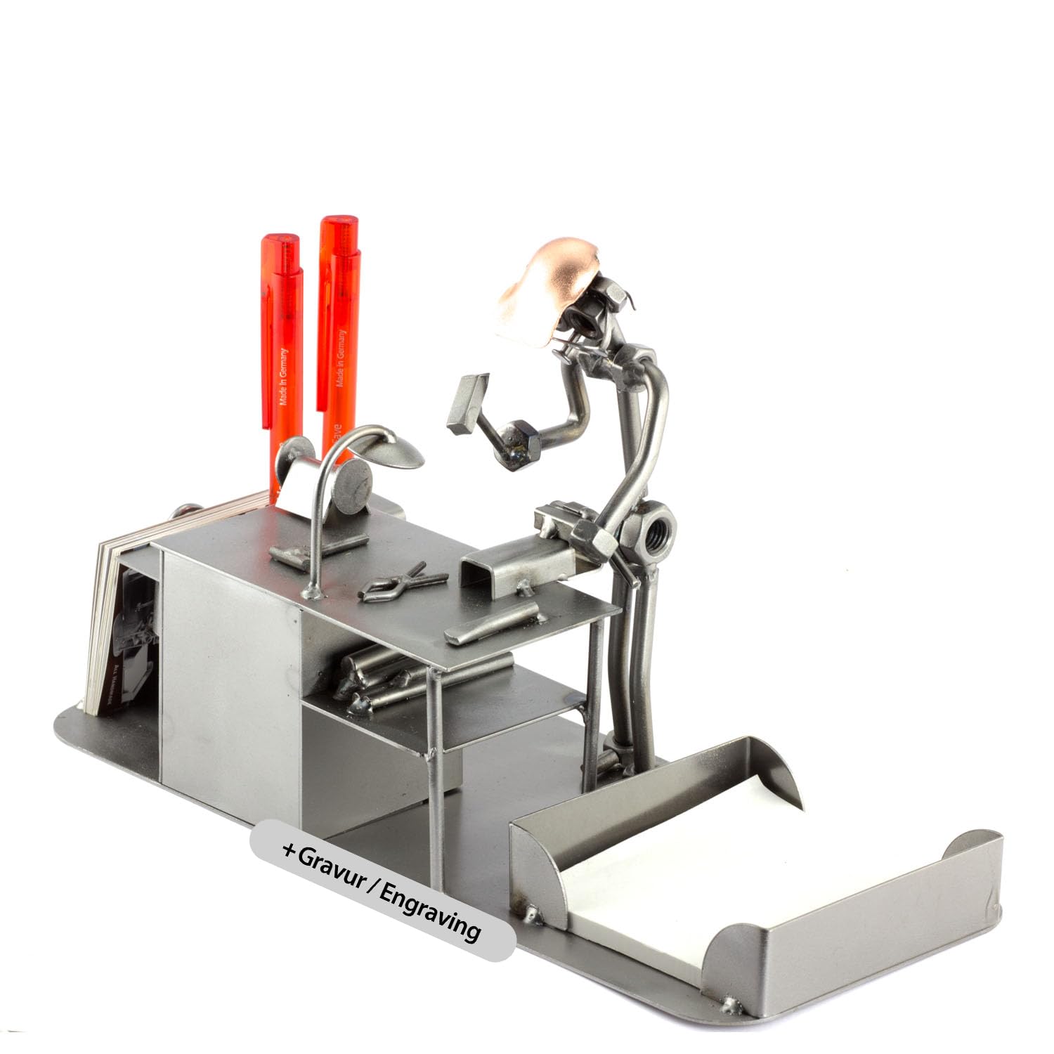 Steelman24 Schraubenmännchen Schlosser mit Büro mit persönlicher Gravur | Made in Germany,Handarbeit,Geschenkidee,Stahlfigur,Metallfigur