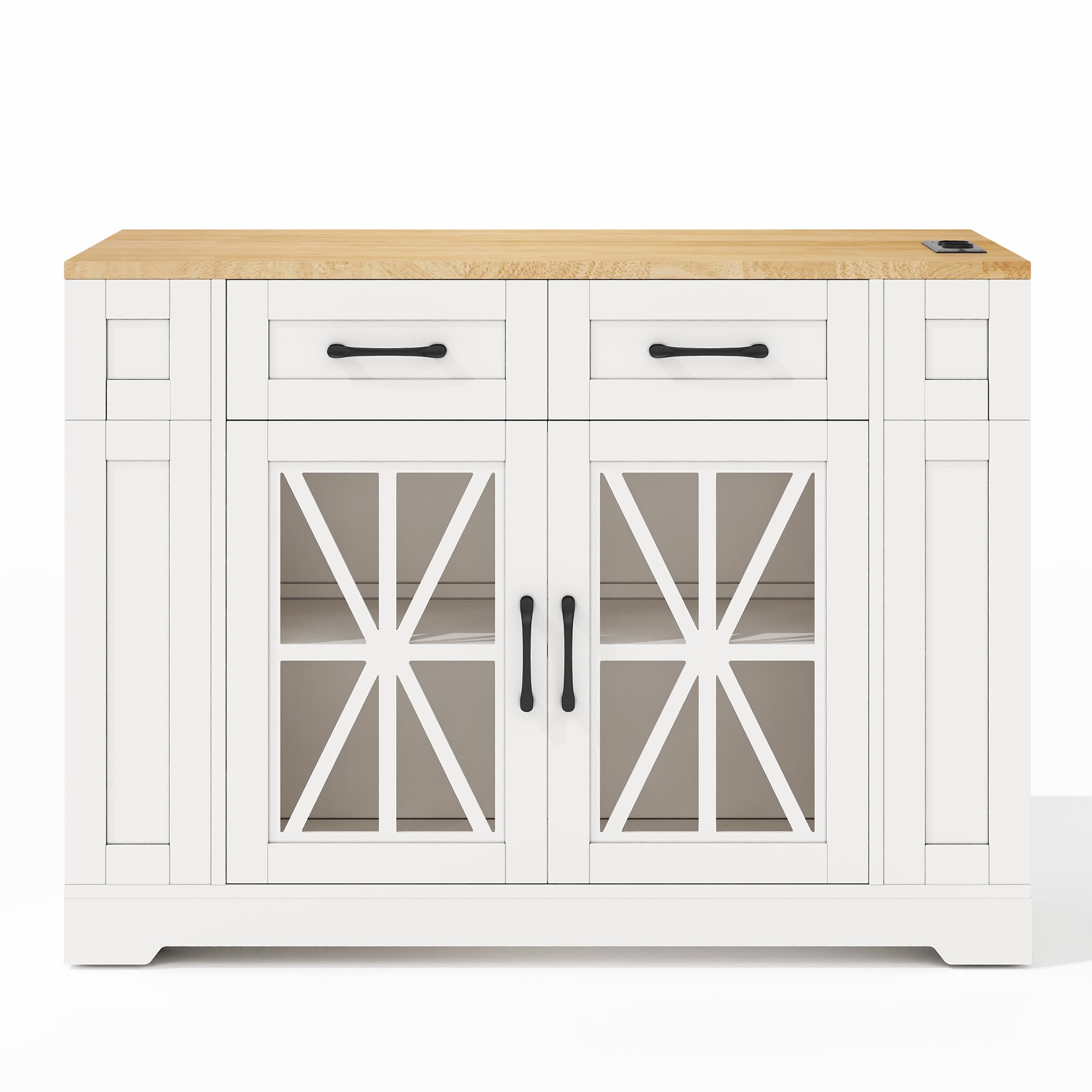 Îlot de Cuisine Moderne 120x40-60x92cm avec établi Pliable,Prise Secteur et Port USB,Buffet Cuisine avec tiroirs,Rangement Ouvert,Chariot de Salle à Manger,Buffet Salle a Manger,Blanc