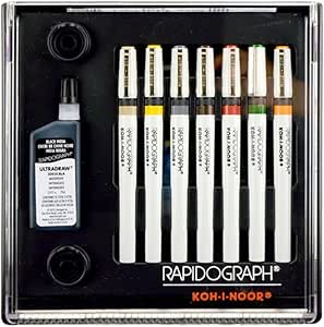 Koh-I-Noor 3165SP7P Rapidograph Pen and Ink Set7 Assorted Pen Nibs and 0.75 oz. Bottle of Ultradraw