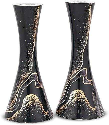 Zion Judaica Marbel - Juego de 2 candelabros modernos de metal marmoleado de 6.75 pulgadas, forma de reloj de arena para velas de 78 pulgadas de