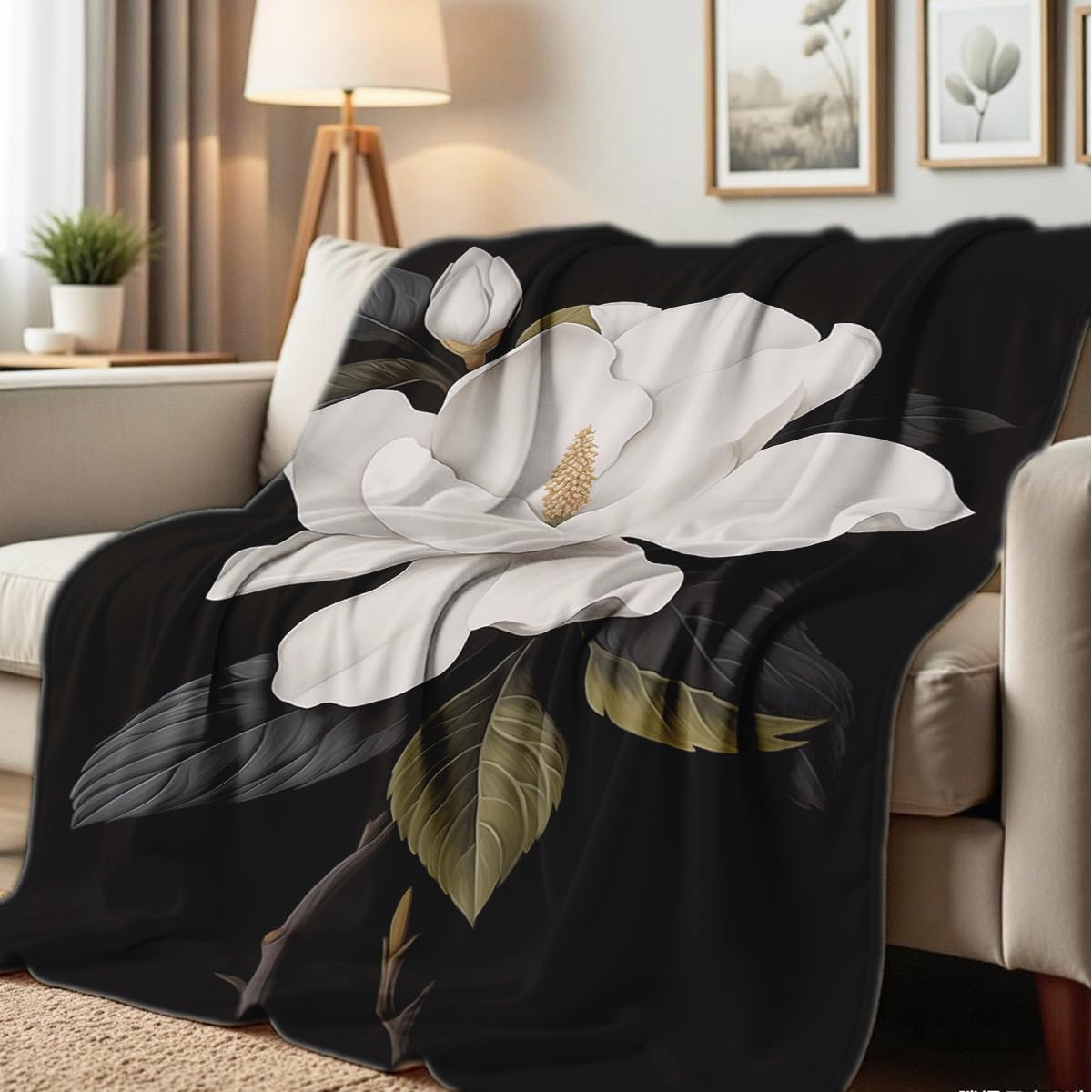 HUNXIAOJ Magnolia Print Blanket Black and White Throw Soft Magnolia Flannel Blanket Flower Bedding Decor Gifts Botanical Floral Throw for Bed Couch (