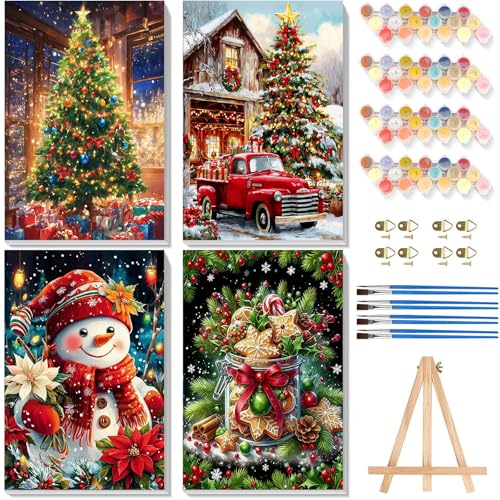 Christmas Paint by Numbers for Adults with Framed Canvas - with Wooden Easel 4 Pack Paint by Number for Beginners Xmas Acrylic Oil Painting on Canvas with Brushes for Home Wall Decor (8x12 inch)