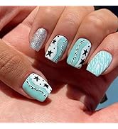 SIXDIAN Blue Press on Nails Short Square Fake Nails with Start Design, Glitter Strip Acrylic Nail...
